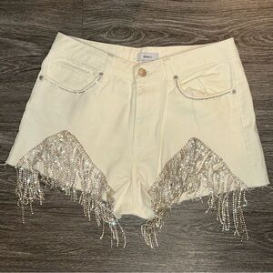 Rhinestone Cowgirl White Distressed Sparkly Fringe Jean Shorts 28” Waist